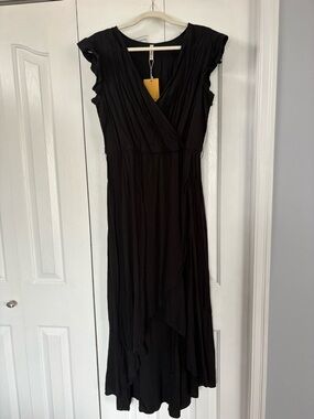 Black Wrap Maxi Dress with Ruffle Cap Sleeves